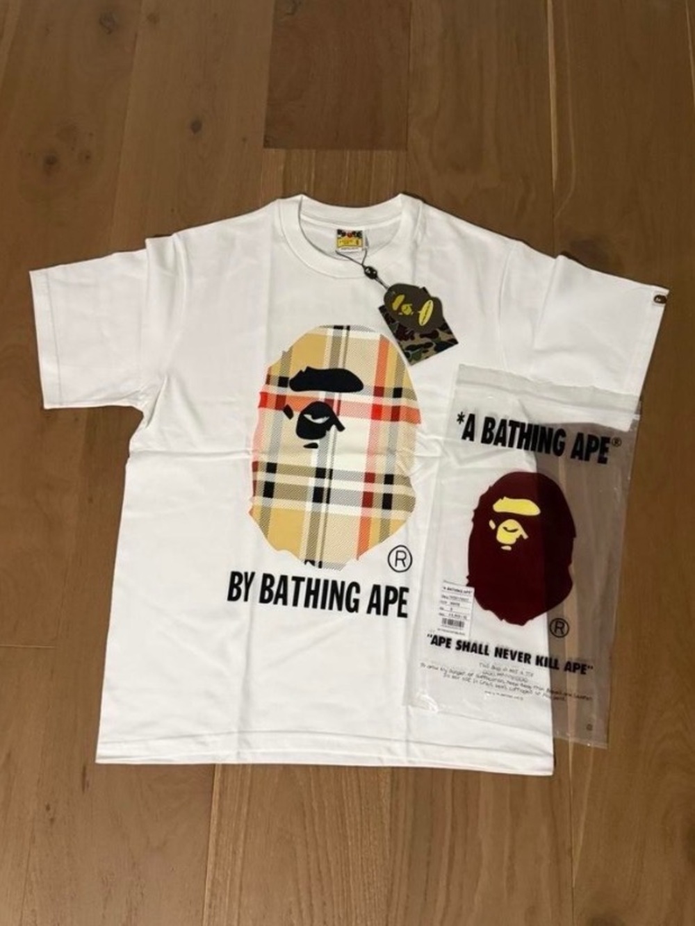 Bape White Tee with Plaid Ape Head Graphic ALL SIZES